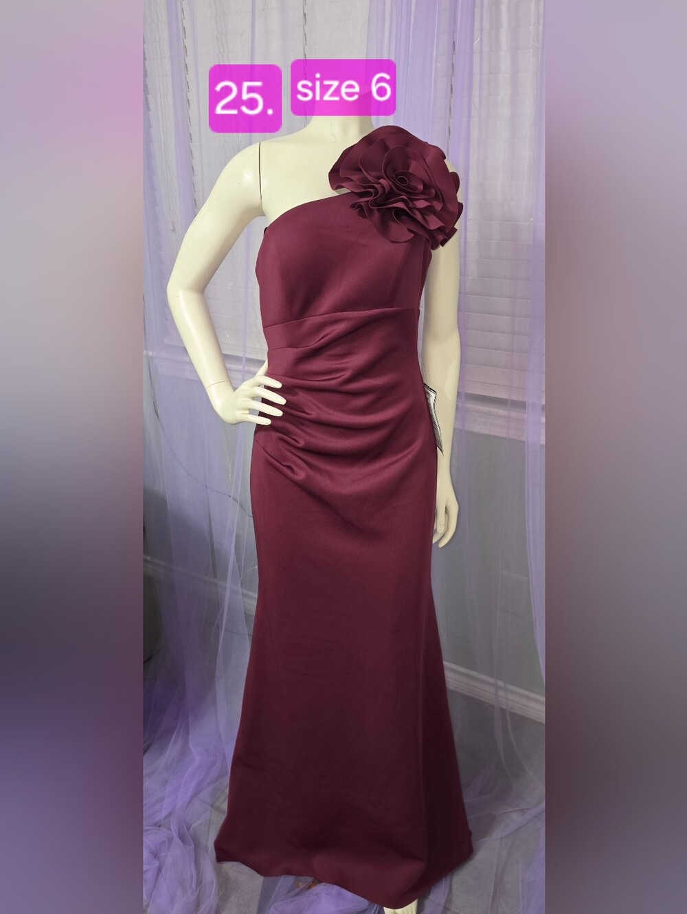 Betsy & Adam One-Shoulder Ruffled Rosette Gown in Burgundy